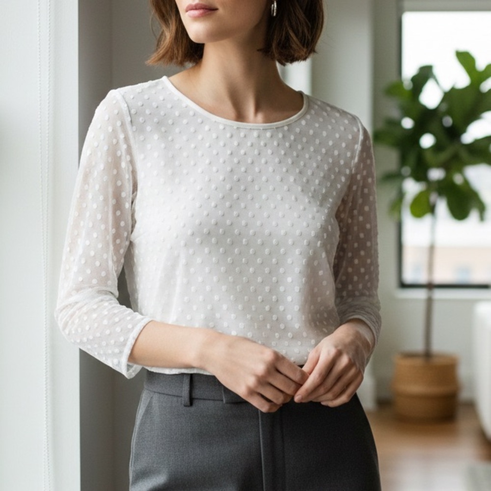 Sheer Polka Dot Swiss Dot Ann Taylor Ivory Mesh Blouse Size M Medium